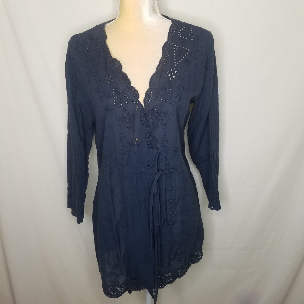 Johnny Was dusty blue Eyelet cotton blouse Peasant